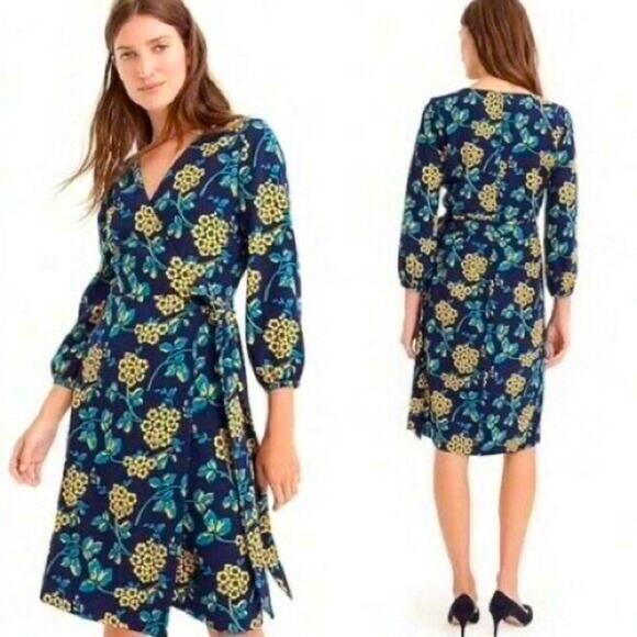 J Crew Blue Golden Floral Wrap Dress in 365 Crepe Size 6 NWT - Picture 1 of 9